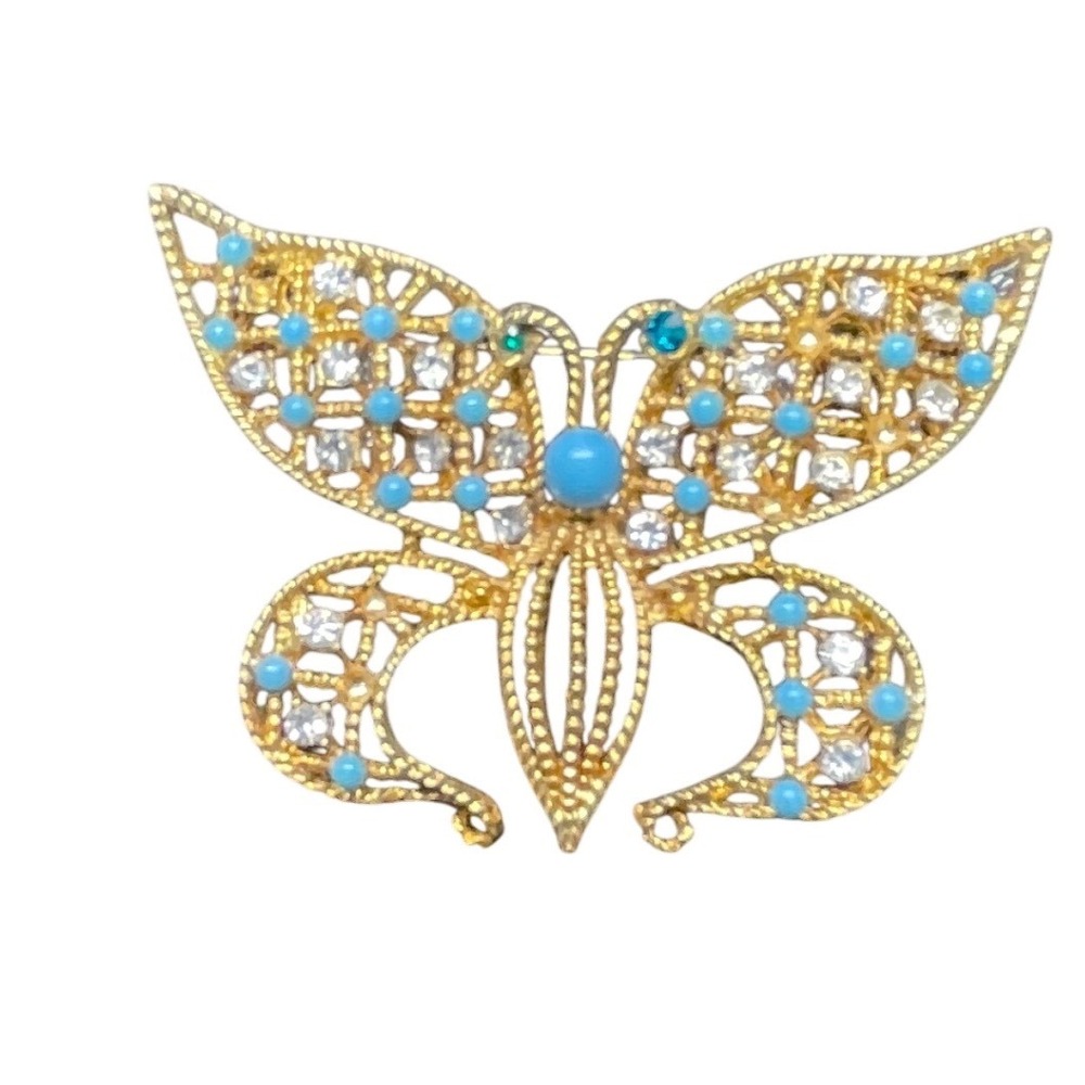 Vintage Gold Tone Butterfly Brooch Turquoise Rhinestone Filigree Pin 2.25 Inch